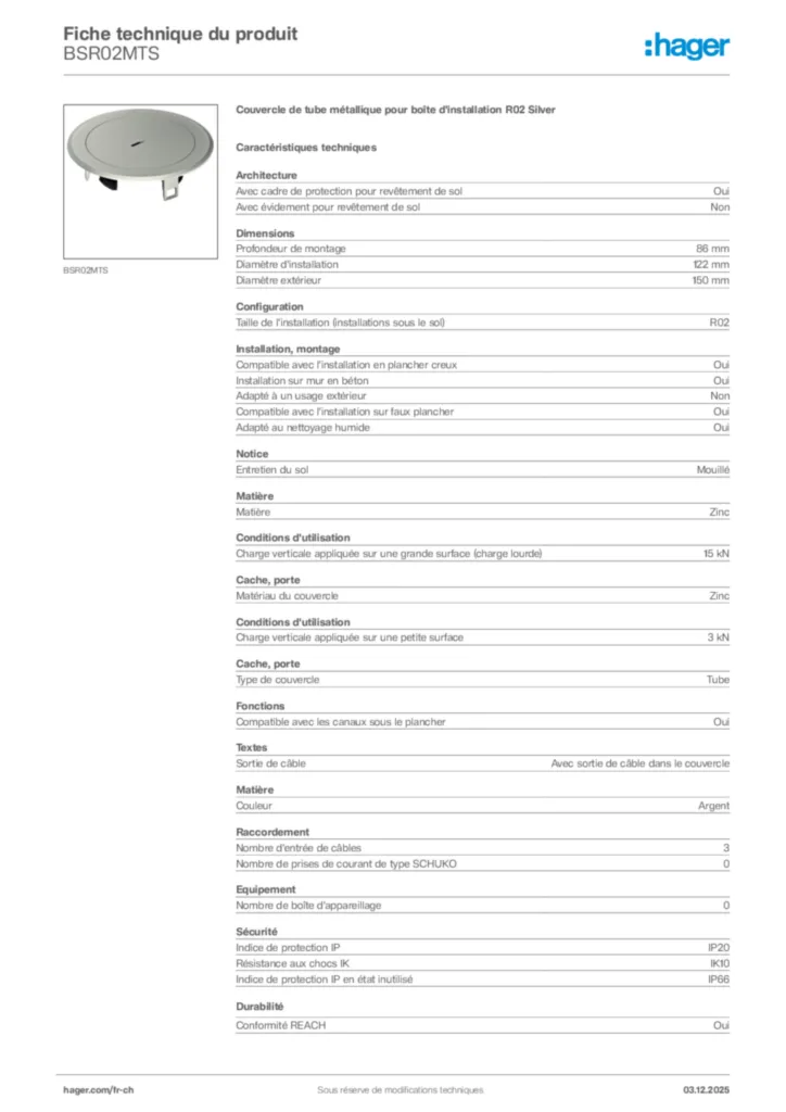 Image Hager Fiche technique du produit BSR02MTS | Hager Suisse