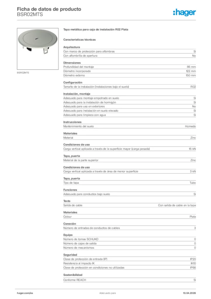 Imagen Hager Ficha de datos de producto BSR02MTS | Hager España
