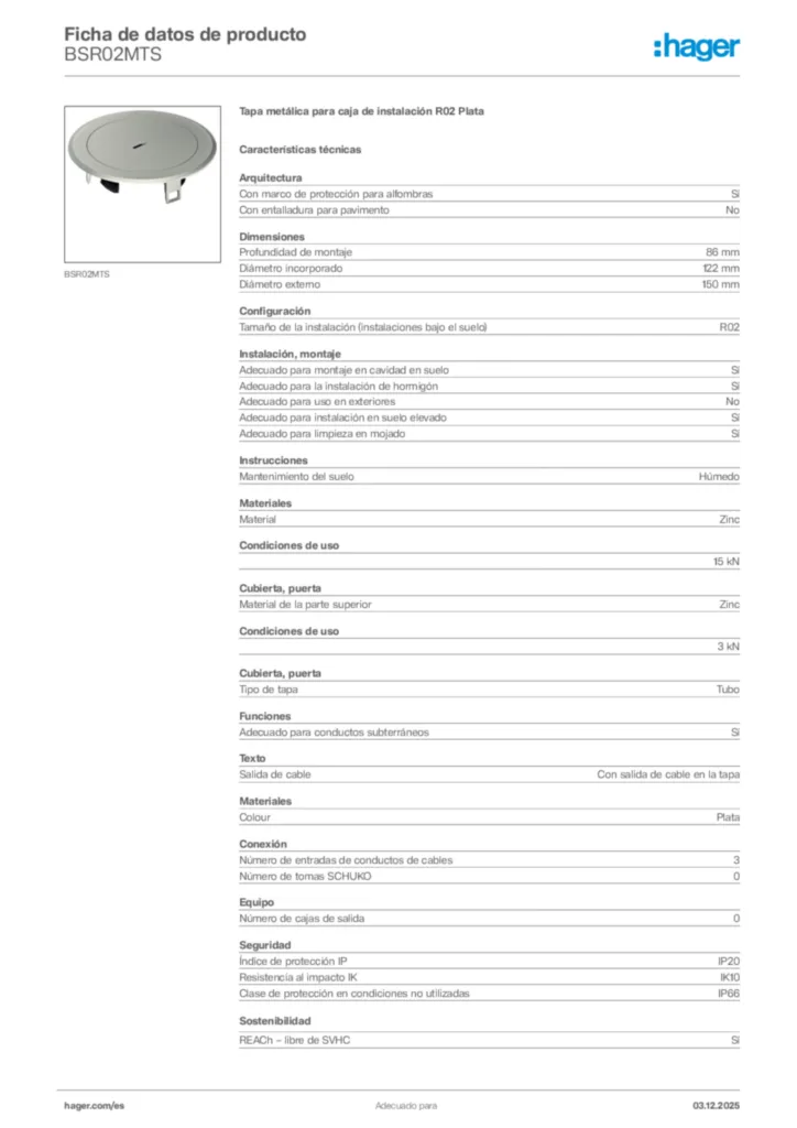 Imagen Hager Ficha de datos de producto BSR02MTS | Hager España