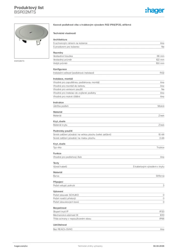 Obrázek Hager Product data sheet BSR02MTS | Hager