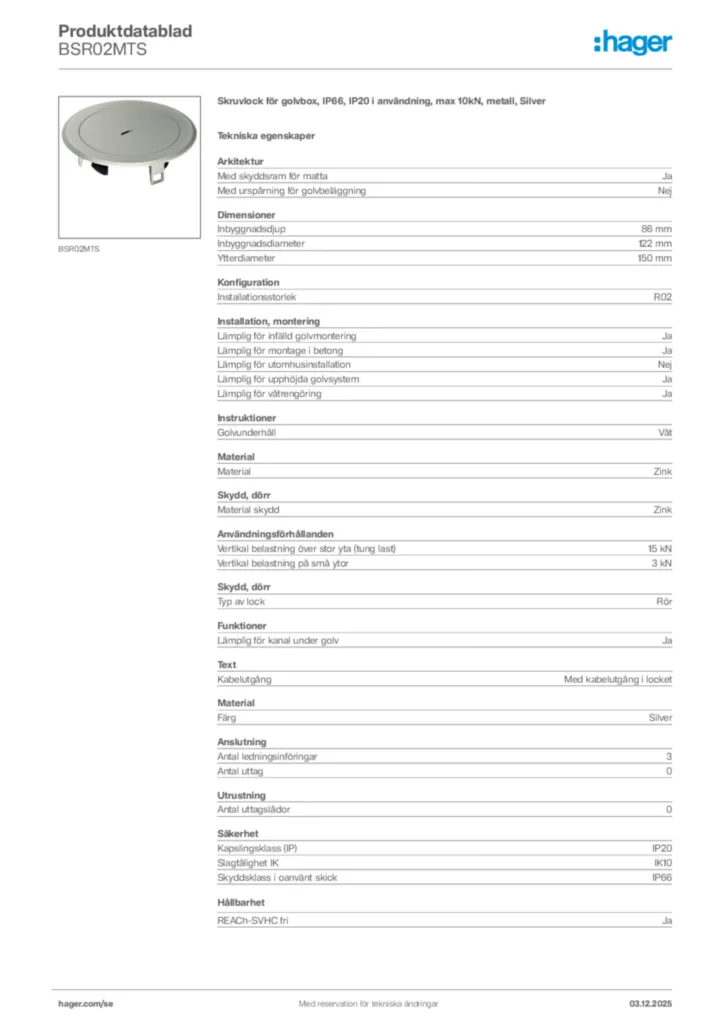 Bild Hager Produktdatablad BSR02MTS | Hager Sverige