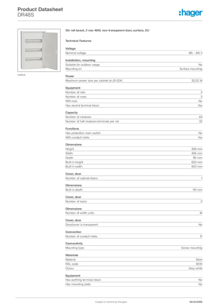 Image Hager Product data sheet DR48S  | Hager Africa