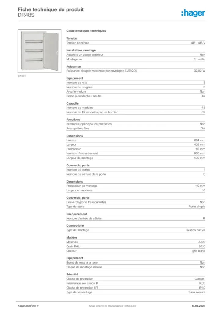 Image Hager Fiche technique du produit DR48S | Hager Afrique