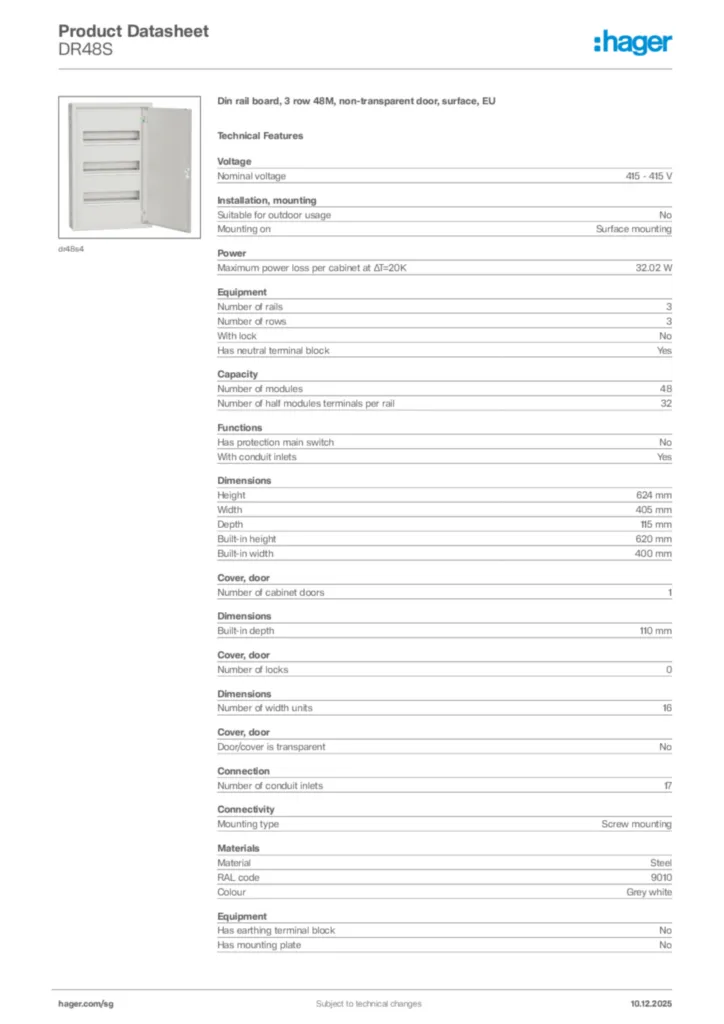 Image Hager Product data sheet DR48S  | Hager