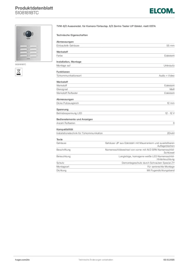 Bild Elcom Produktdatenblatt 5108181BTC | Hager Deutschland