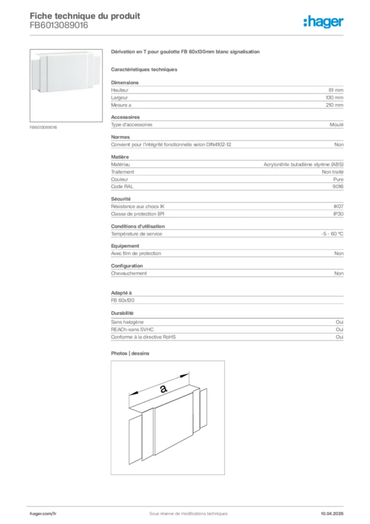 Image Hager Fiche technique du produit FB6013089016 | Hager France