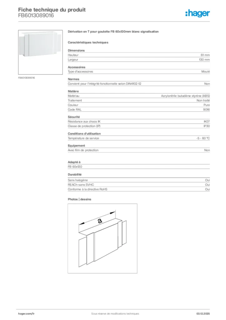 Image Hager Fiche technique du produit FB6013089016 | Hager France