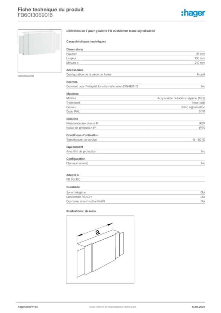 Image Hager Fiche technique du produit FB6013089016 | Hager Belgique