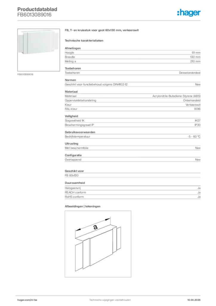 Afbeelding Hager Productdatablad FB6013089016 | Hager Belgium