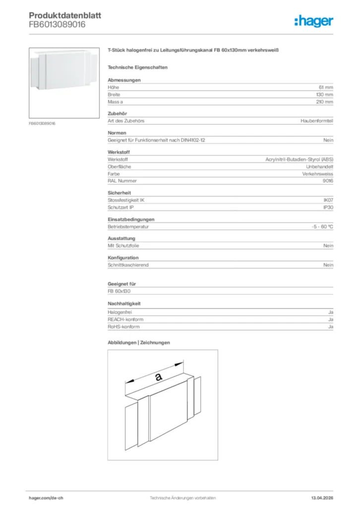 Bild Hager Produktdatenblatt FB6013089016 | Hager Schweiz