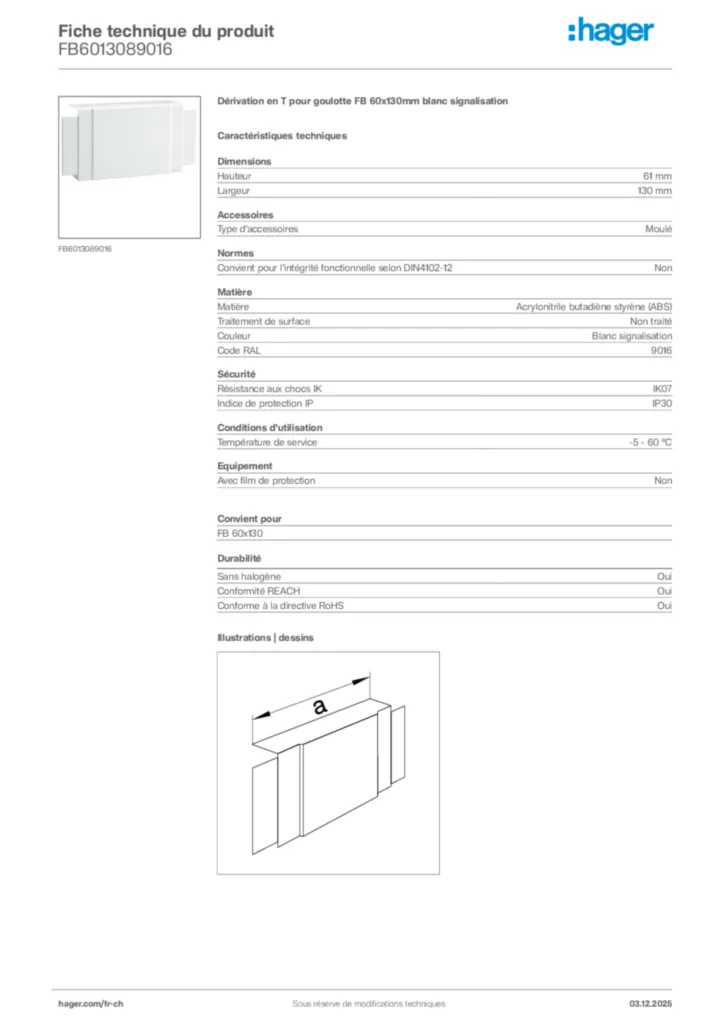 Image Hager Fiche technique du produit FB6013089016 | Hager Suisse