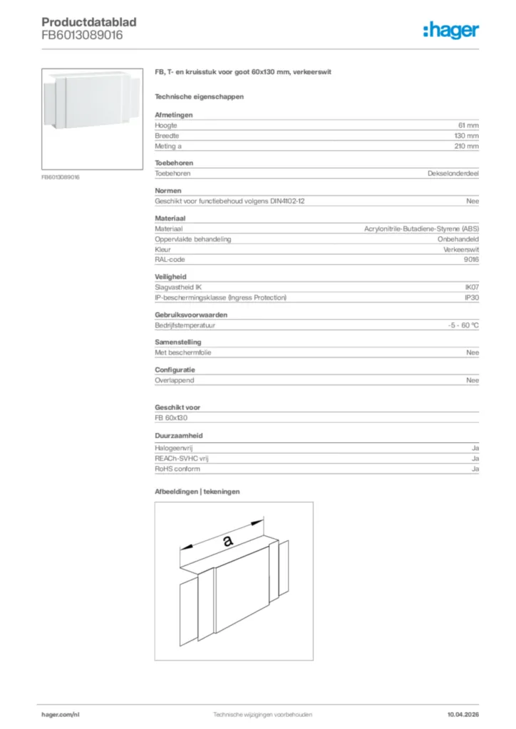 Afbeelding Hager Productdatablad FB6013089016 | Hager Nederland