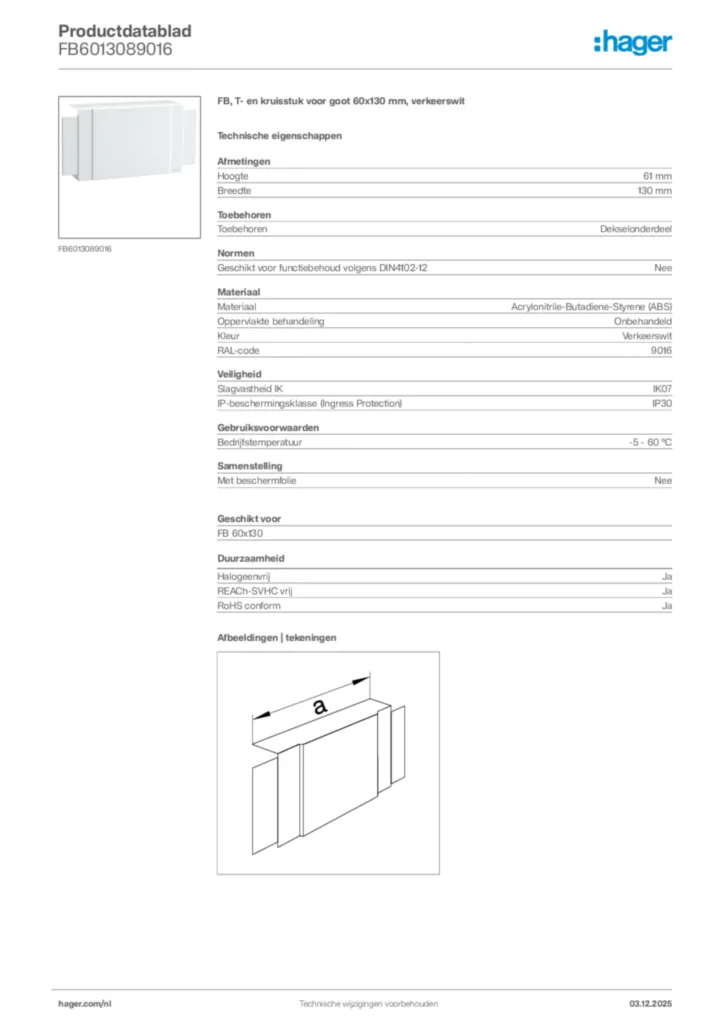 Afbeelding Hager Productdatablad FB6013089016 | Hager Nederland