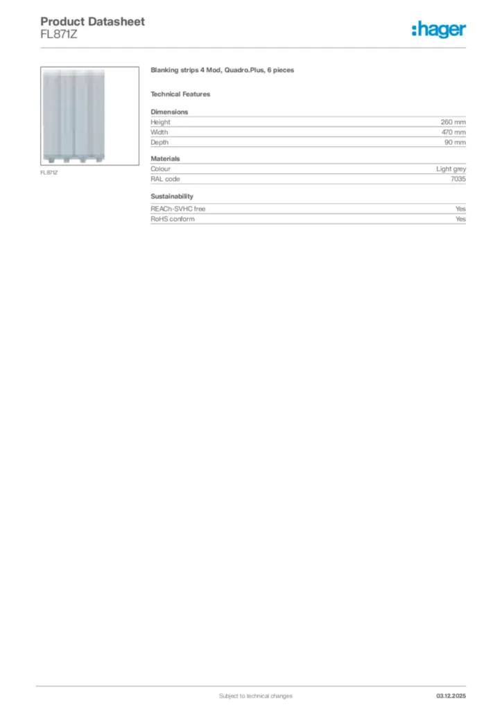 Image Hager Product data sheet FL871Z  | Hager Africa