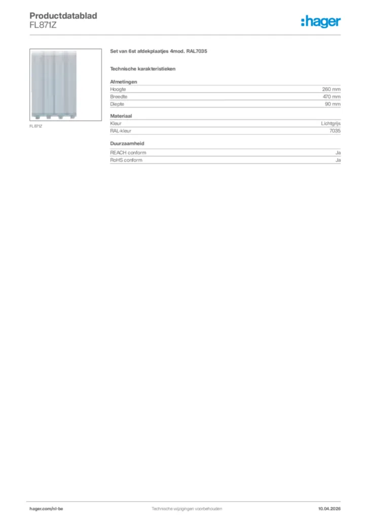 Afbeelding Hager Productdatablad FL871Z | Hager Belgium