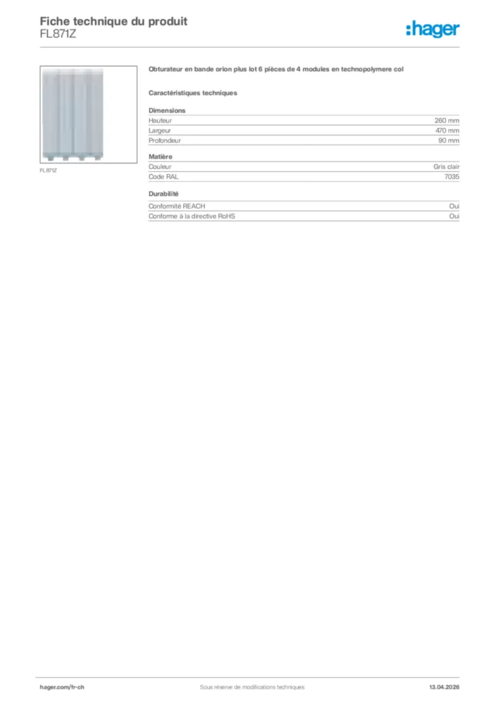 Image Hager Fiche technique du produit FL871Z | Hager Suisse