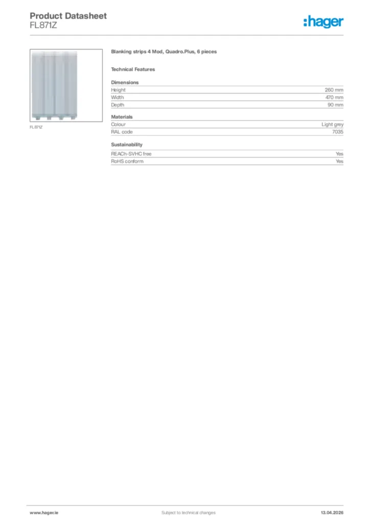 Image Hager Product data sheet FL871Z  | Hager