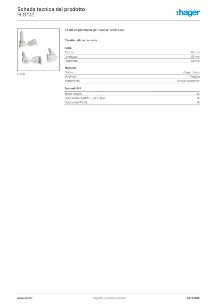 Immagine Hager Scheda tecnica del prodotto FL872Z | Hager Italia