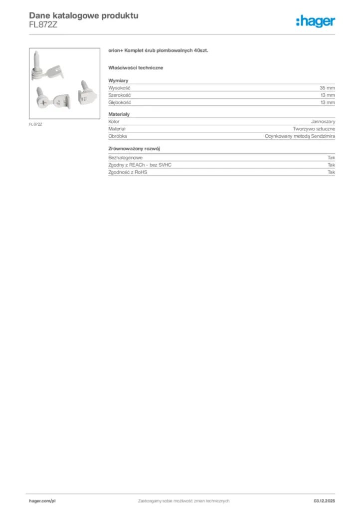 Zdjęcie Hager Karta katalogowa FL872Z | Hager Polska