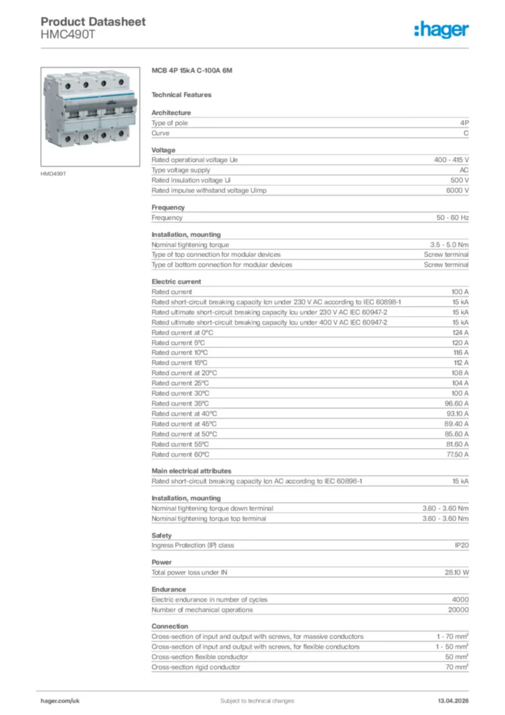 Image Hager Product data sheet HMC490T  | Hager