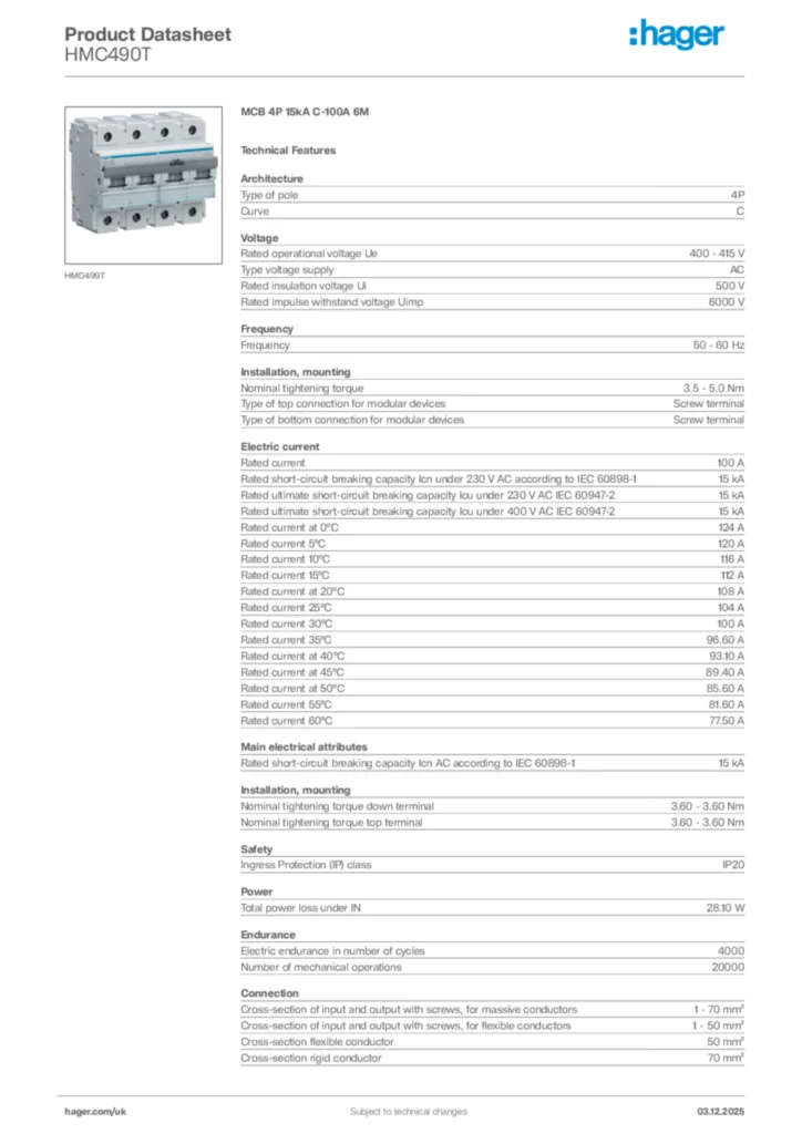 Image Hager Product data sheet HMC490T  | Hager