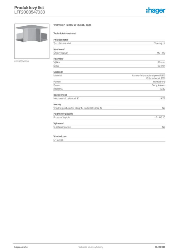 Obrázek Hager Produktový list LFF2003547030 | Hager