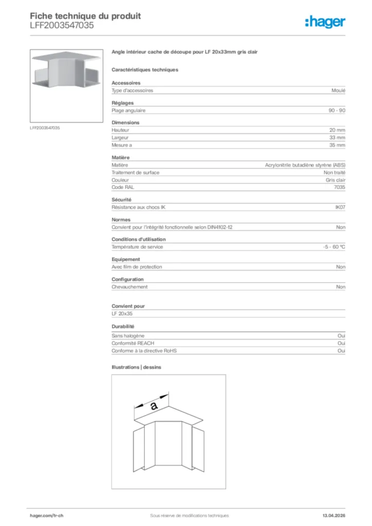 Image Hager Fiche technique du produit LFF2003547035 | Hager Suisse