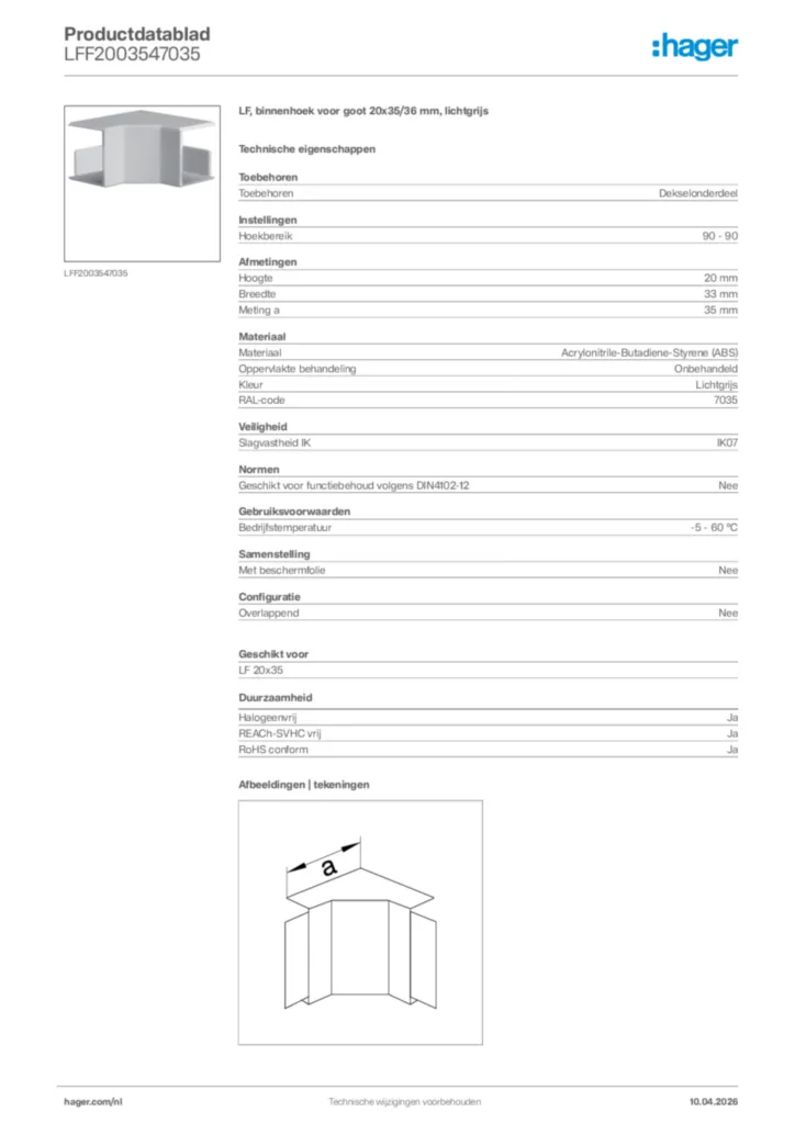 Afbeelding Hager Productdatablad LFF2003547035 | Hager Nederland
