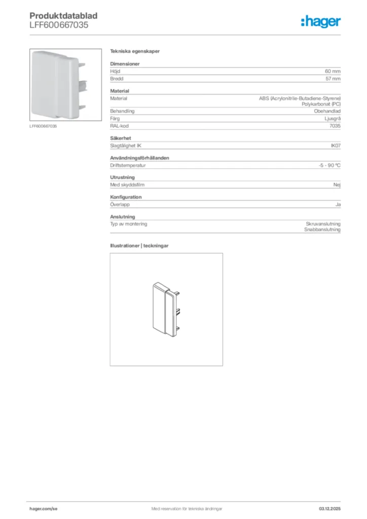 Bild Hager Produktdatablad LFF600667035 | Hager Sverige