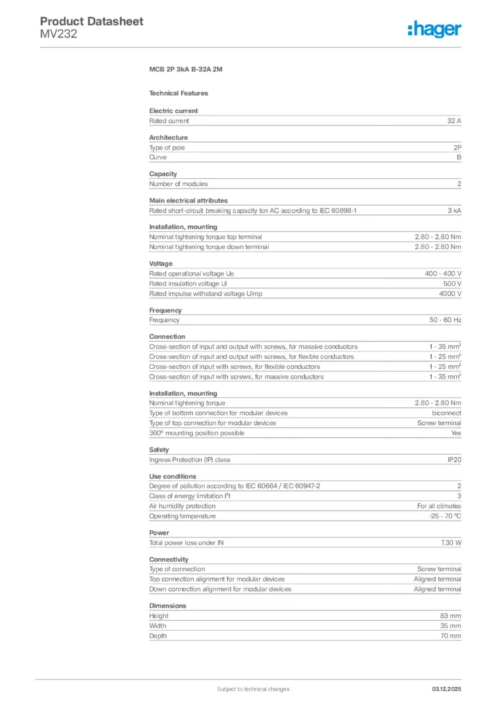 Image Hager Product data sheet MV232  | Hager Africa