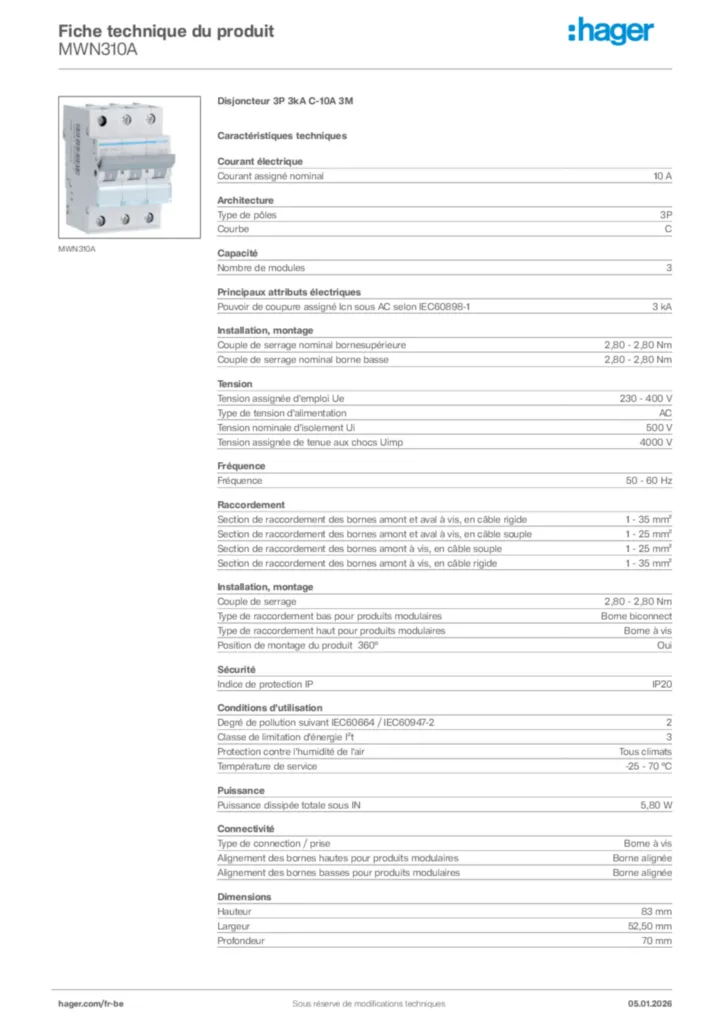 Image Hager Fiche technique du produit MWN310A | Hager Belgique