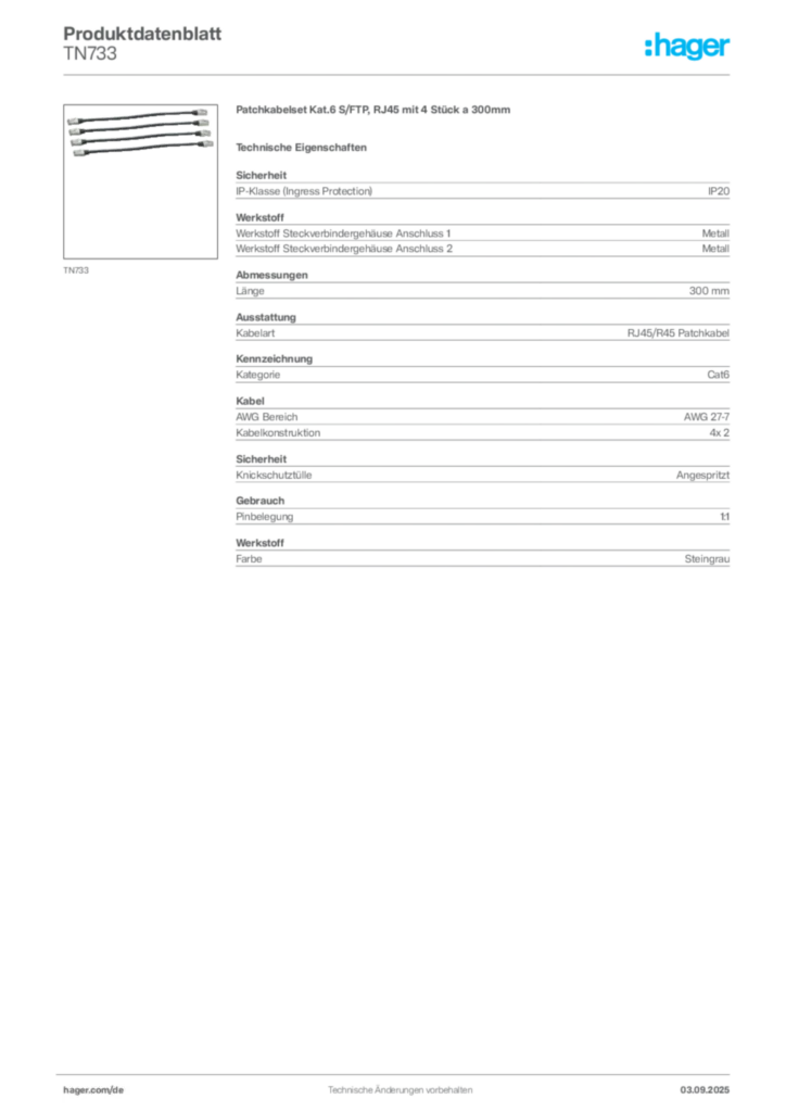 Bild Hager Produktdatenblatt TN733 | Hager Deutschland