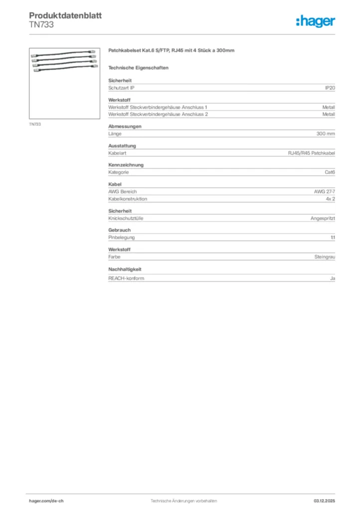 Bild Hager Produktdatenblatt TN733 | Hager Schweiz