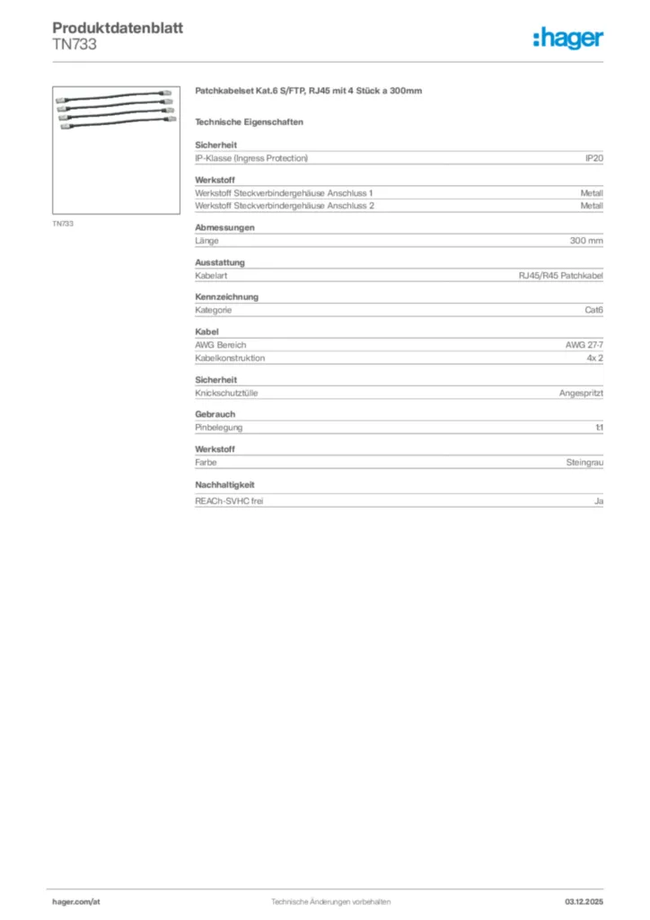 Bild Hager Produktdatenblatt TN733 | Hager Deutschland