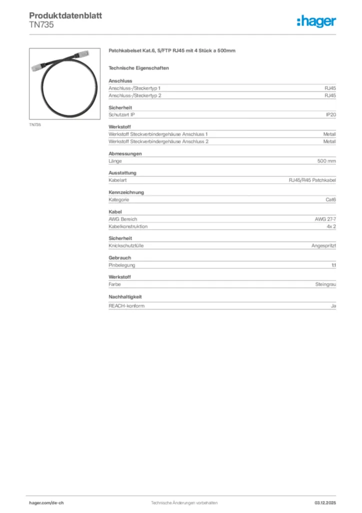 Bild Hager Produktdatenblatt TN735 | Hager Schweiz