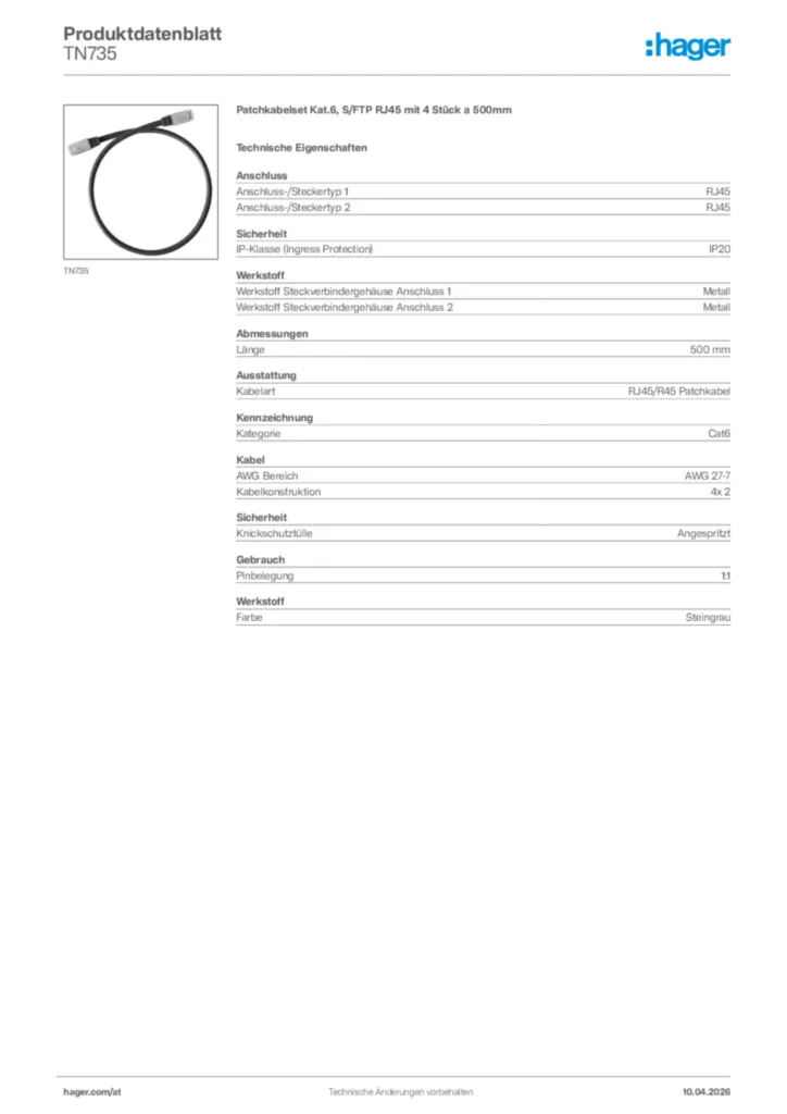 Bild Hager Produktdatenblatt TN735 | Hager Deutschland