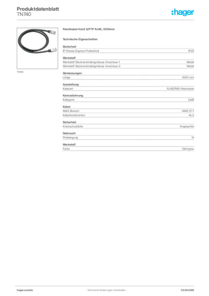 Bild Hager Produktdatenblatt TN740 | Hager Deutschland
