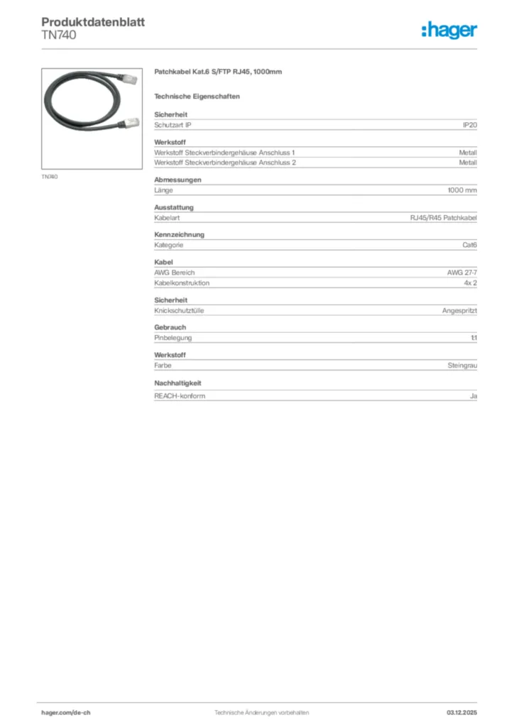 Bild Hager Produktdatenblatt TN740 | Hager Schweiz