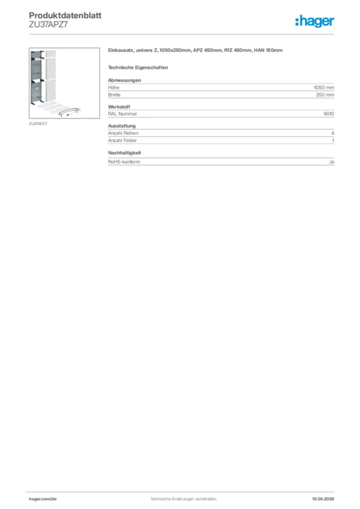 Bild Hager Produktdatenblatt ZU37APZ7 | Hager Deutschland