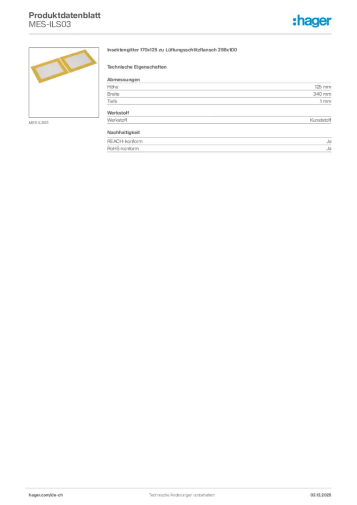 Bild Hager Produktdatenblatt MES-ILS03 | Hager Schweiz