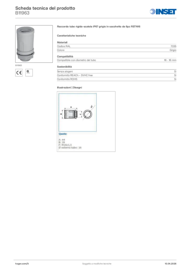 Immagine Inset Scheda tecnica del prodotto B11963 | Hager Italia