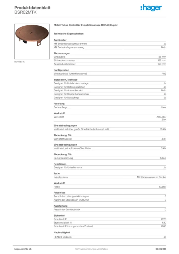 Bild Hager Produktdatenblatt BSR02MTK | Hager Schweiz