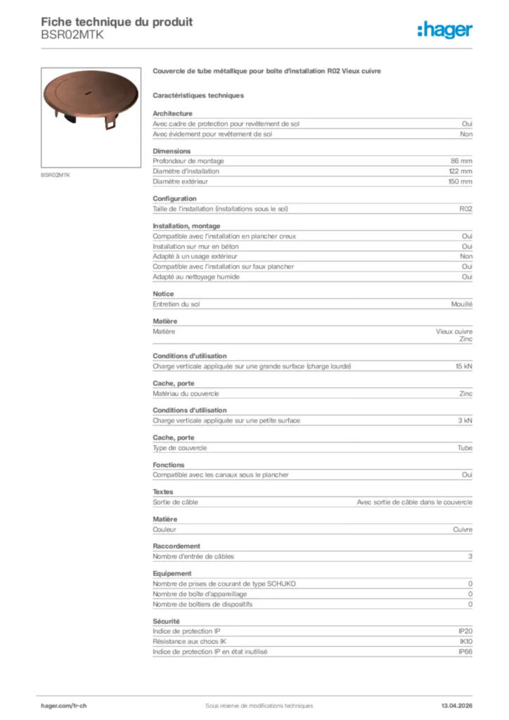 Image Hager Fiche technique du produit BSR02MTK | Hager Suisse