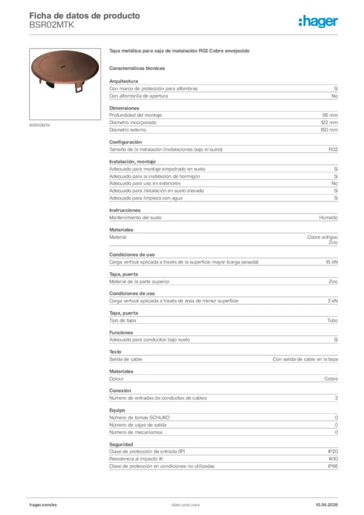 Imagen Hager Ficha de datos de producto BSR02MTK | Hager España