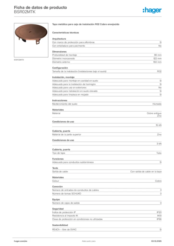 Imagen Hager Ficha de datos de producto BSR02MTK | Hager España