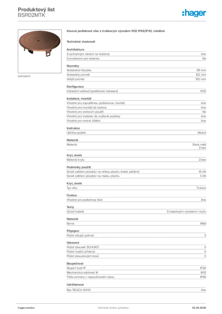 Obrázek Hager Product data sheet BSR02MTK | Hager