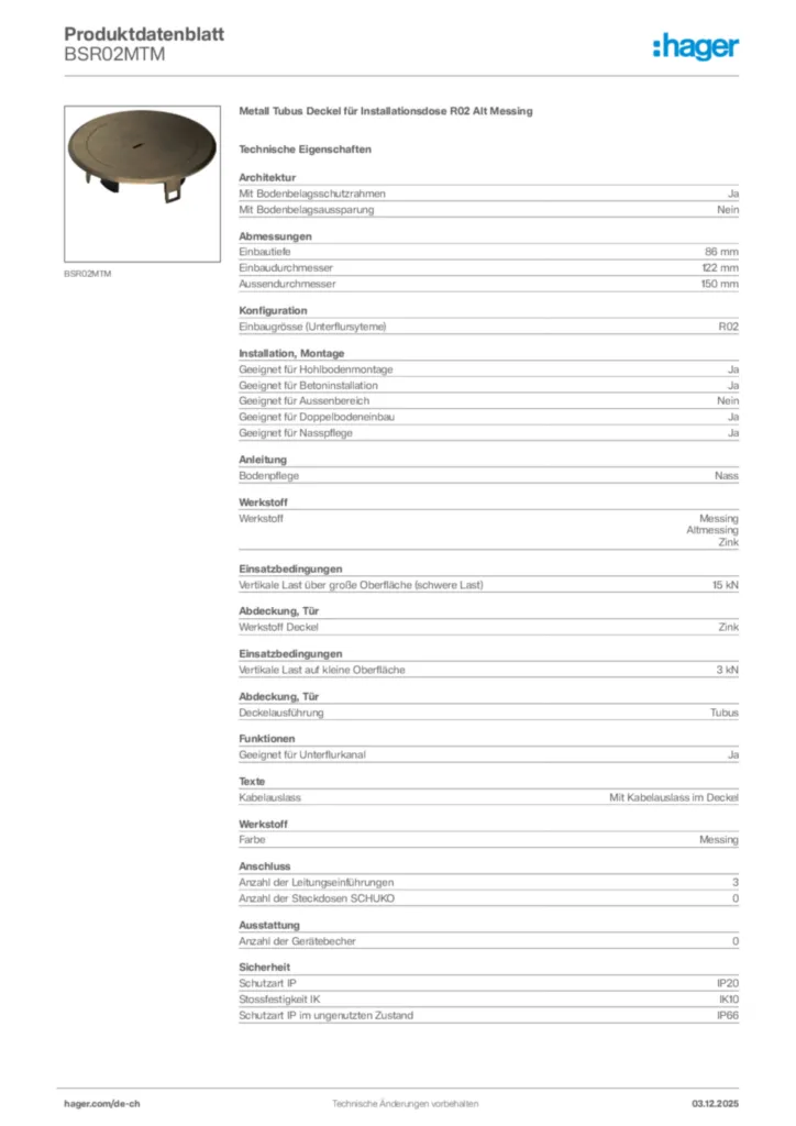 Bild Hager Produktdatenblatt BSR02MTM | Hager Schweiz