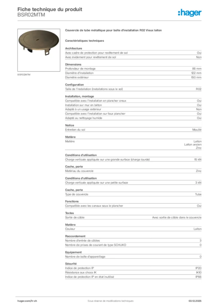 Image Hager Fiche technique du produit BSR02MTM | Hager Suisse