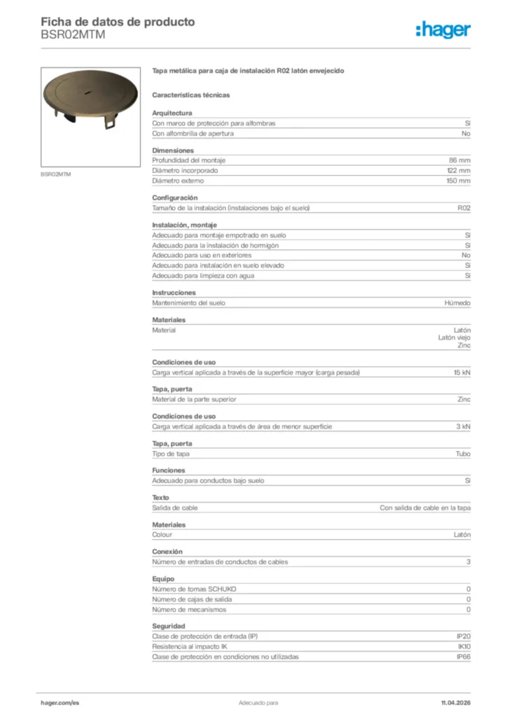Imagen Hager Ficha de datos de producto BSR02MTM | Hager España