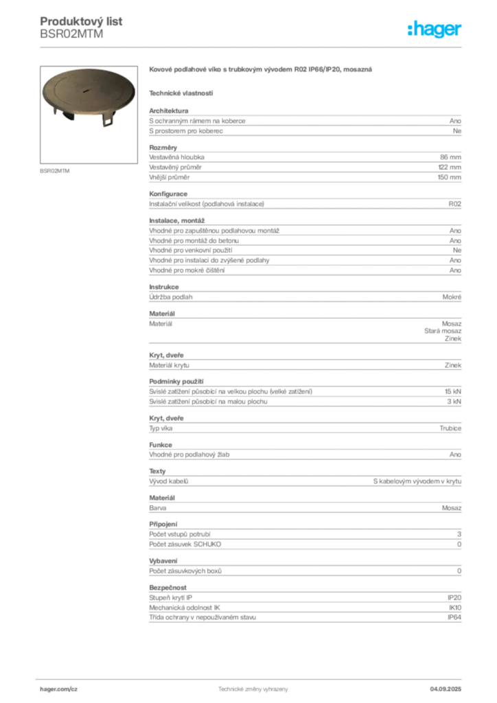 Obrázek Hager Produktový list BSR02MTM | Hager